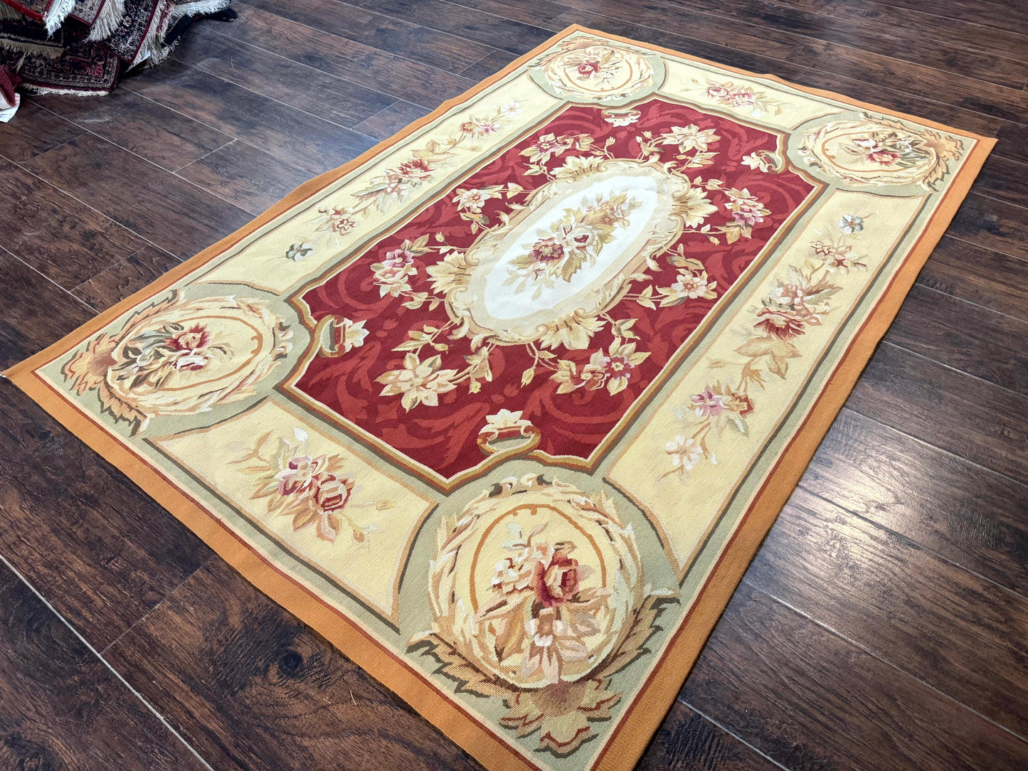 Aubusson Rug 4x6 Red Floral European Design Vintage Wool Handwoven