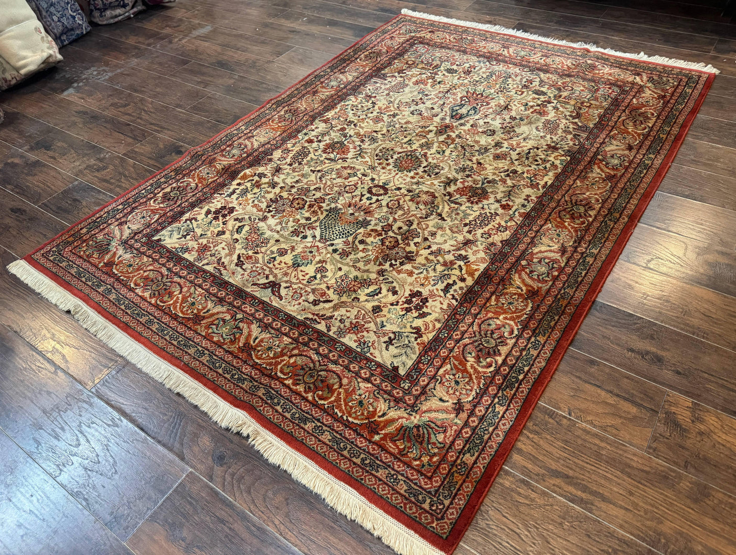 Antique Persian Rug 5x7 Allover Floral With Vases Beige Red Belgian Power Loomed Wool