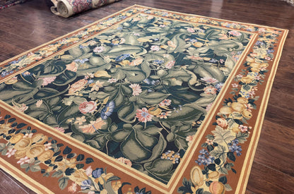 Needlepoint Rug 8x10, Vintage, Handmade, Wool, Green, Leaves & Fruits