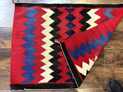 Antique Navajo Rug Handmade Wool Area Rug With Red Ivory Blue Zigzag Pattern