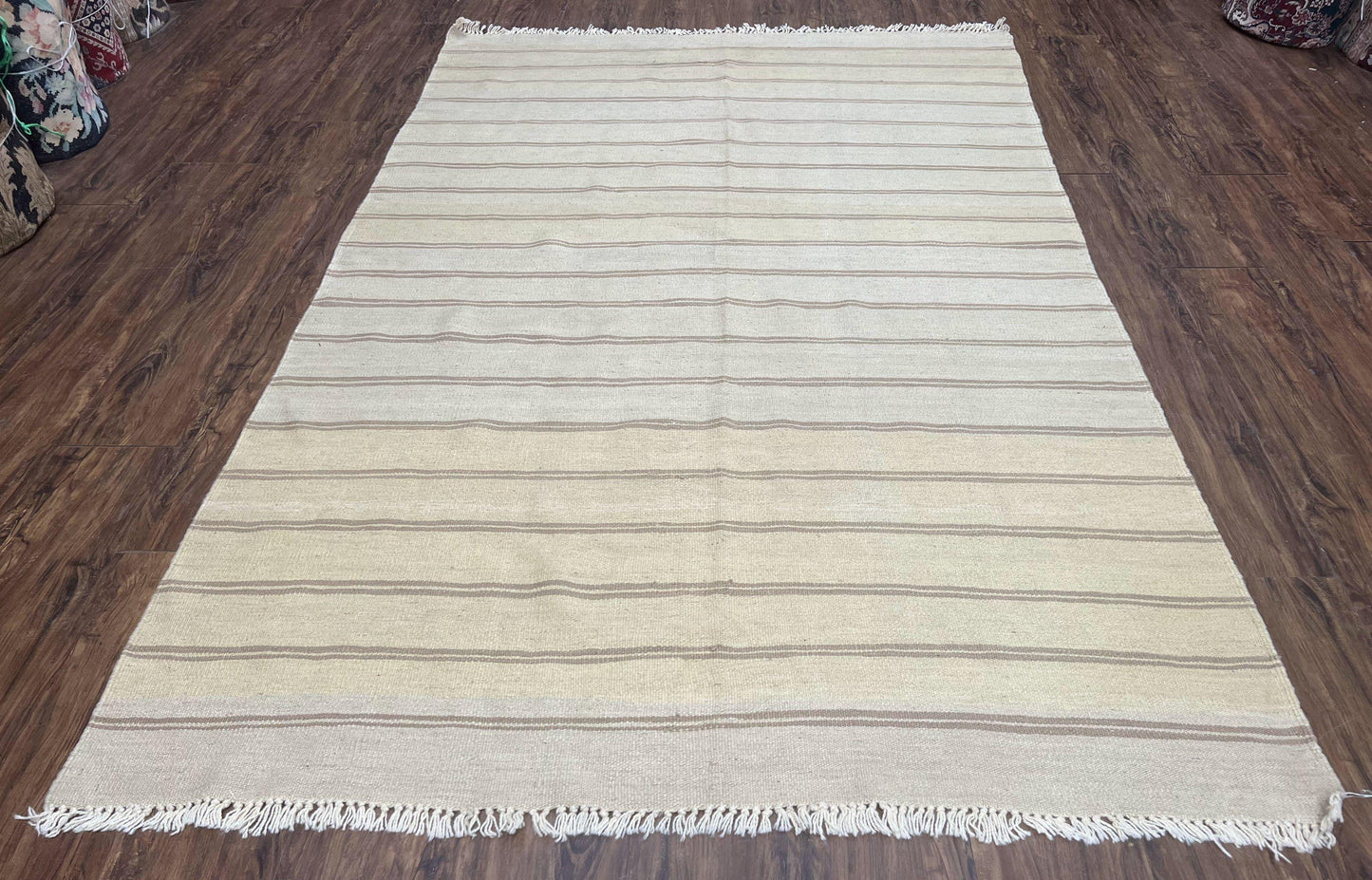New Turkish Kilim Rug 5x8 Flatweave Wool Carpet Hand Woven Bohemian Contemporary Striped Gray Taupe