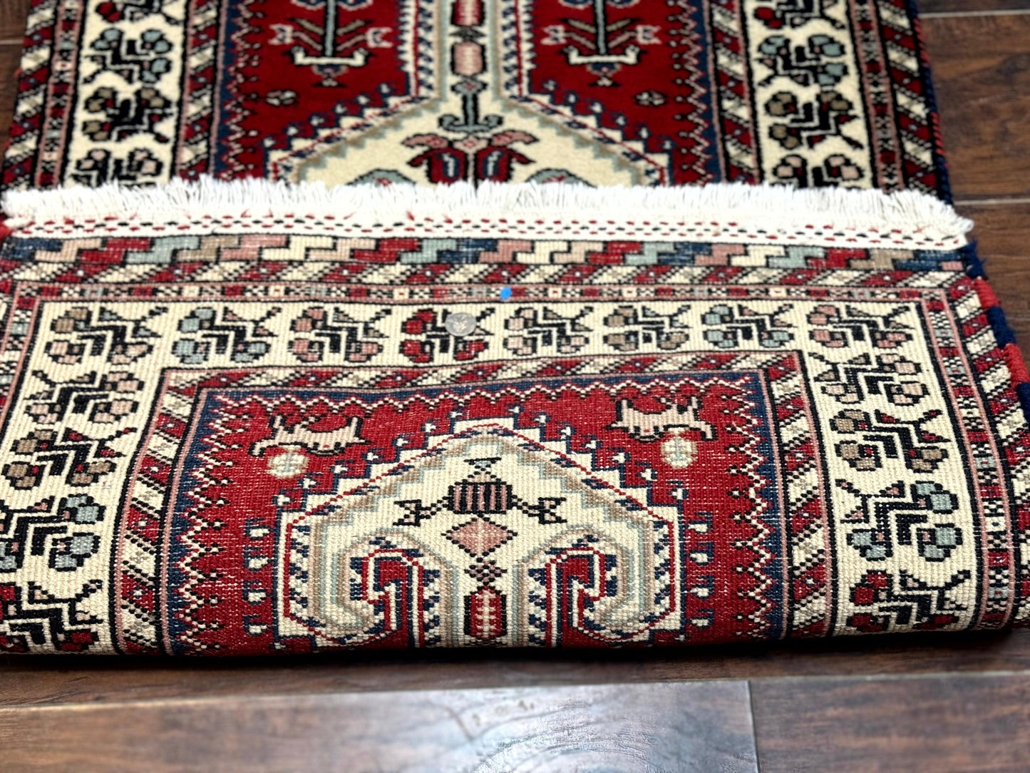 Indo Persian Runner Rug 2.6 x 12, Heriz Geometric Caucasian Design, Animal Pictorials, Tribal Runner Rug, Vintage Handmade Wool Red