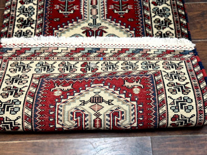 Indo Persian Runner Rug 2.6 x 12, Heriz Geometric Caucasian Design, Animal Pictorials, Tribal Runner Rug, Vintage Handmade Wool Red