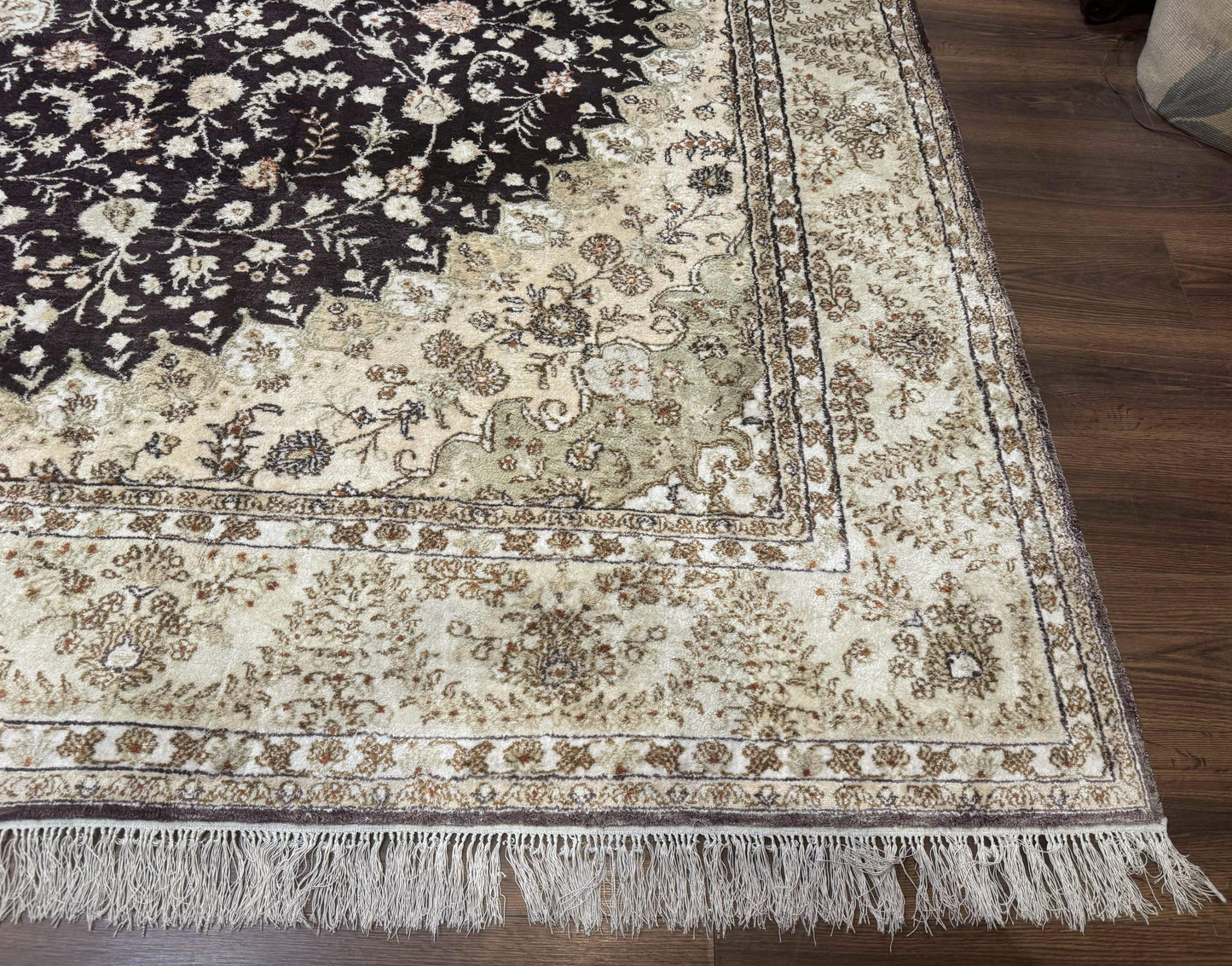 Indian Kashmiri Silk Rug 10x14, Floral Medallion