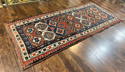 Antique Caucasian Kazak Runner Rug 4 x 9.5, Handmade Wool Rug for Hallway, Rare Colorful Panel Design Mid 19th Century 1870s Oriental Carpet