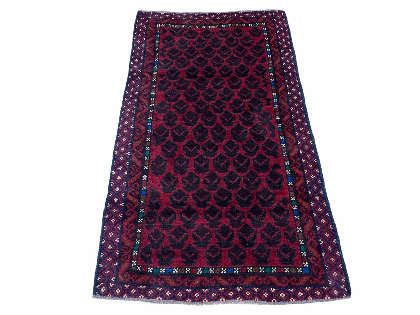 Balouchi Rug Vintage Handmade Wool Afghan Area Rug Red Blue 2 Ft 8 In By 4 Ft 6 In