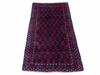 Balouchi Rug Vintage Handmade Wool Afghan Area Rug Red Blue 2 Ft 8 In By 4 Ft 6 In