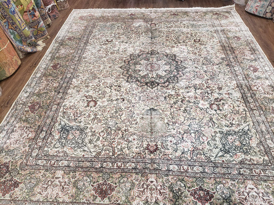 Hand Knotted Silk Rug Indo Kashmiri Ivory Floral Medallion Allover 8x10 Vintage