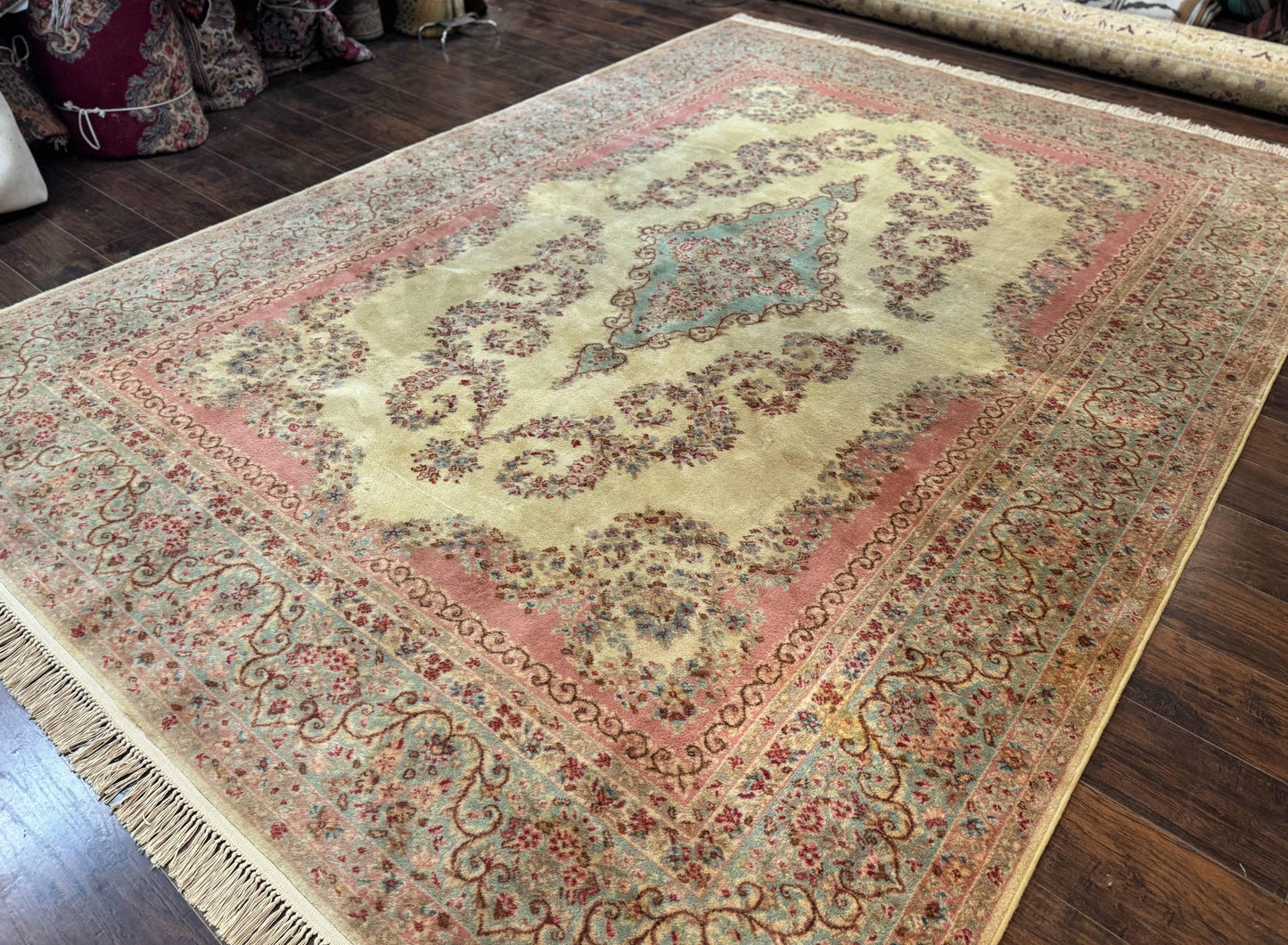 Karastan Kirman Rug Wool 8 By 12 Pastel Ivory Vintage Carpet Discontinued