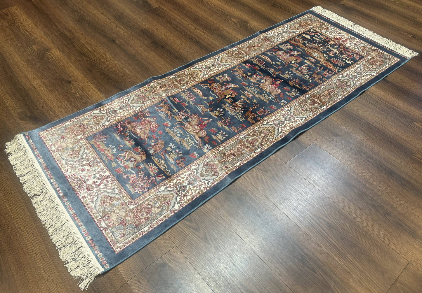 Turkish Silk Rug 2.6 x 6.7, Short Runner Rug, Blue & Ivory, Bamboo Silk, New
