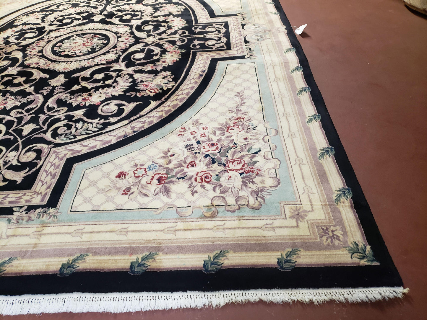 Aubusson Rug 8x10 Hand Knotted Wool Savonnerie Black Ivory French Design
