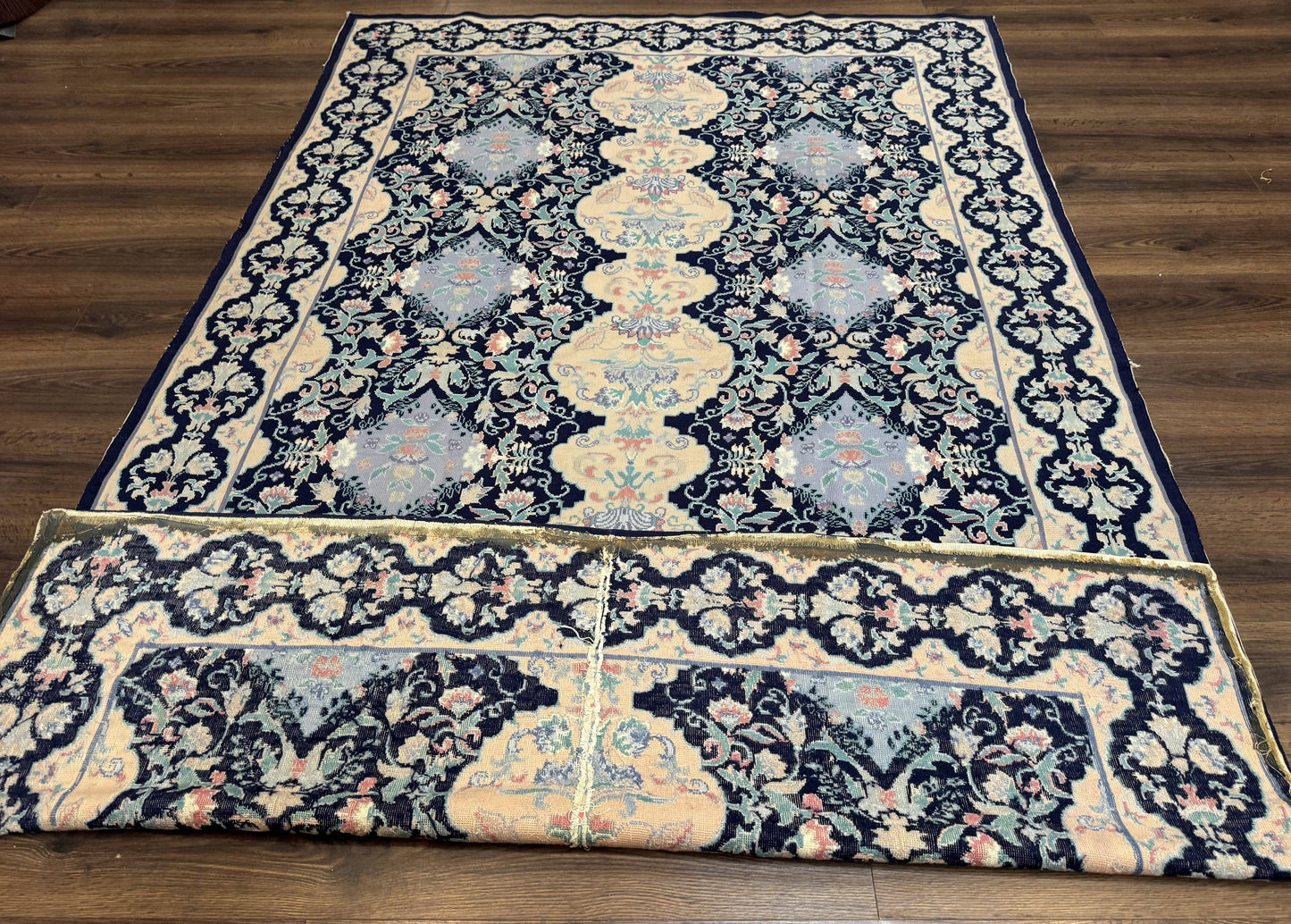 Needlepoint Rug 6x9, Ivory and Navy Blue