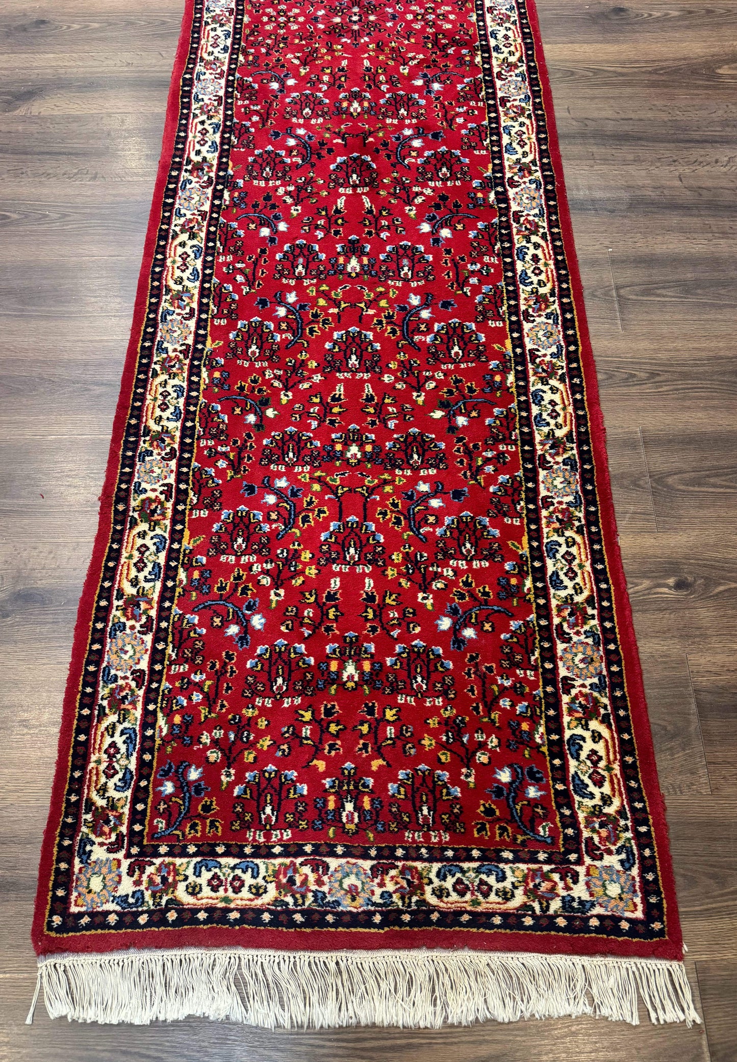 Indo Persian Sarouk Runner Rug 3 x 12, Red and Cream, Allover Pattern, 12ft Runner, Hand Knotted