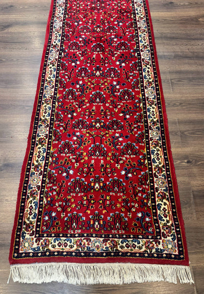 Indo Persian Sarouk Runner Rug 3 x 12, Red and Cream, Allover Pattern, 12ft Runner, Hand Knotted