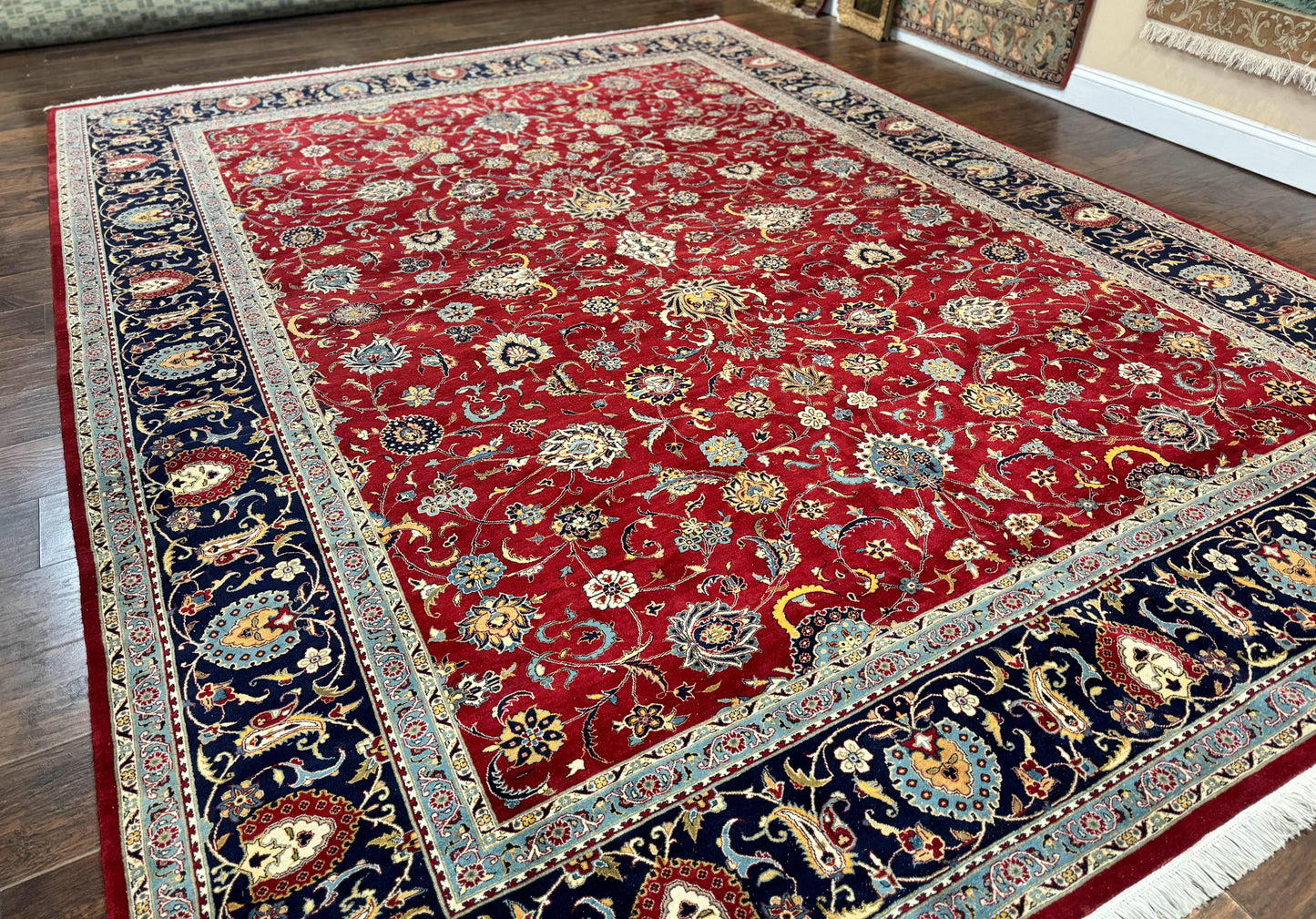Hand Knotted Persian Rug 9x12 Red Navy Blue Floral Wool Vintage 260 KPSI Carpet