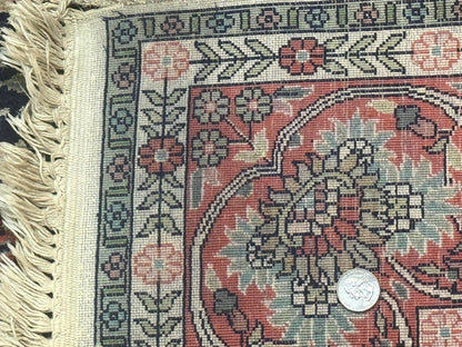 Kashmiri Silk Rug 4x6 Tree Of Life Birds Handmade Navy Red Oriental Carpet