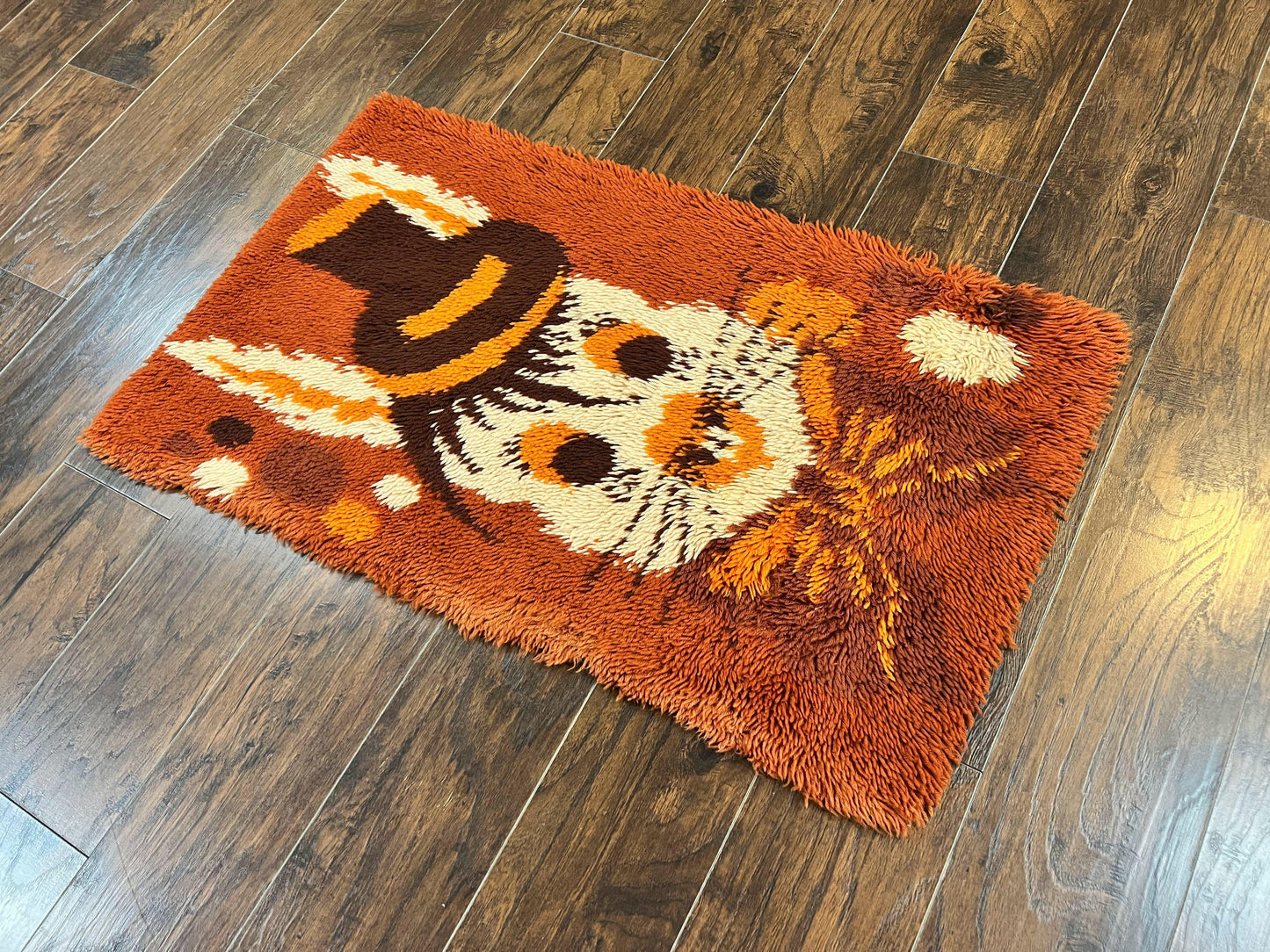 Rya Shag Rug 2x4, Rabbit in Top Hat, Wool, Orange, Vintage 1960s Danish Shag Rug