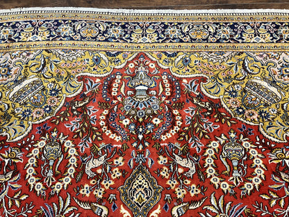 Persian Qum Rug 10x14 Hand Knotted Wool Silk Highlights Red Floral Semi Antique Vintage