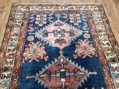 Blue Vintage Persian Hamadan Rug Hand Knotted Wool 4x6 Ft 1950s