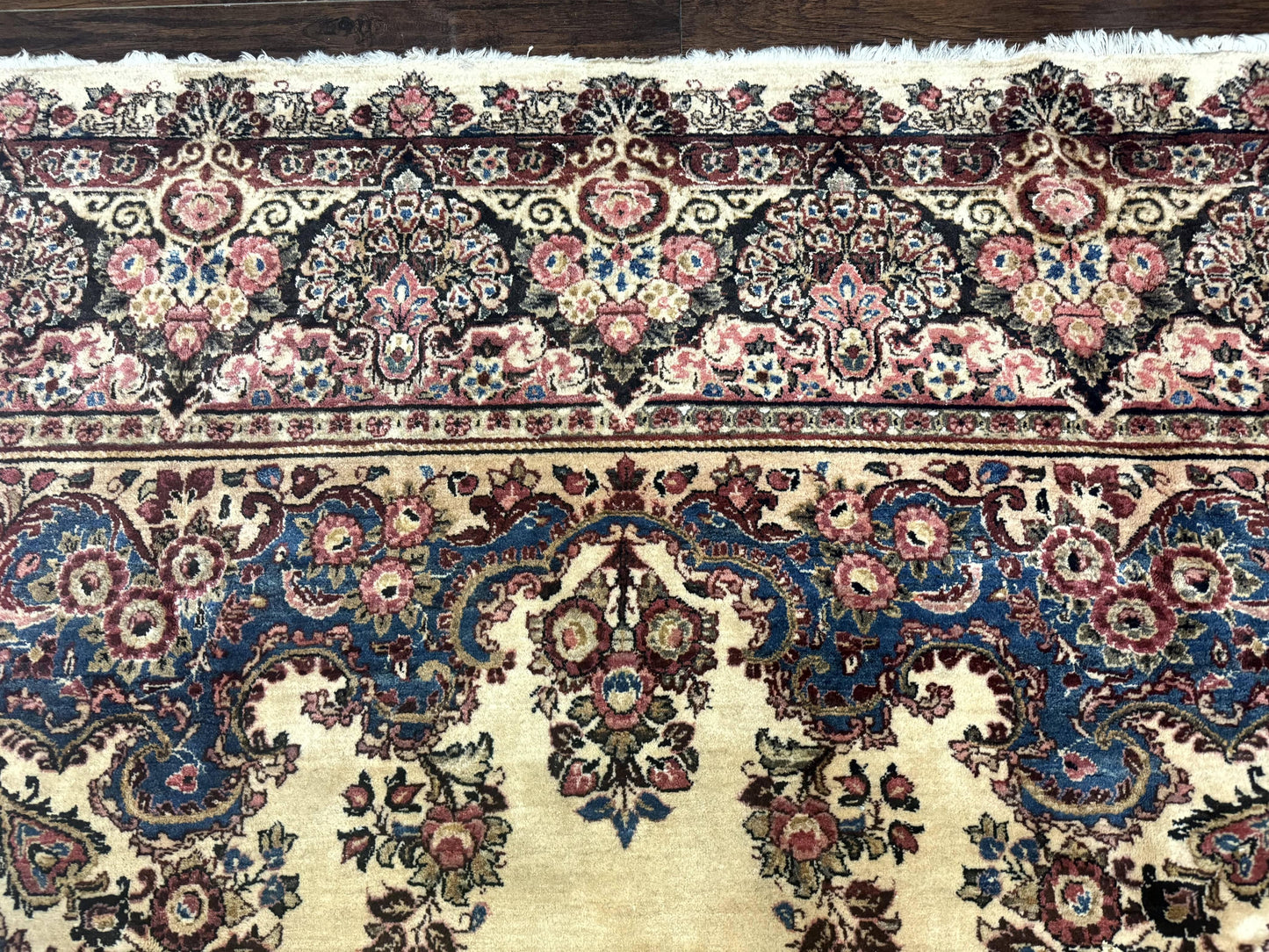 Persian Sarouk Rug 9x12 Ivory and Blue Hand Knotted Antique 1920s Semi Open Field Medallion