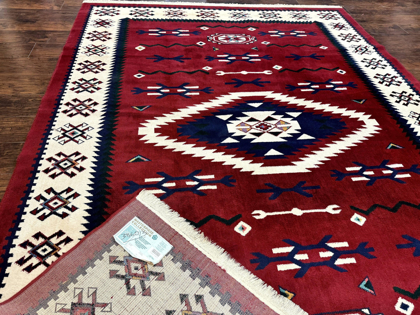 Power Loomed Navajo Area Rug 8x11 Dark Red Ivory Bohemian Tribal Design
