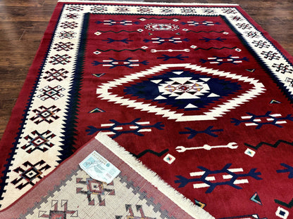 Power Loomed Navajo Area Rug 8x11 Dark Red Ivory Bohemian Tribal Design