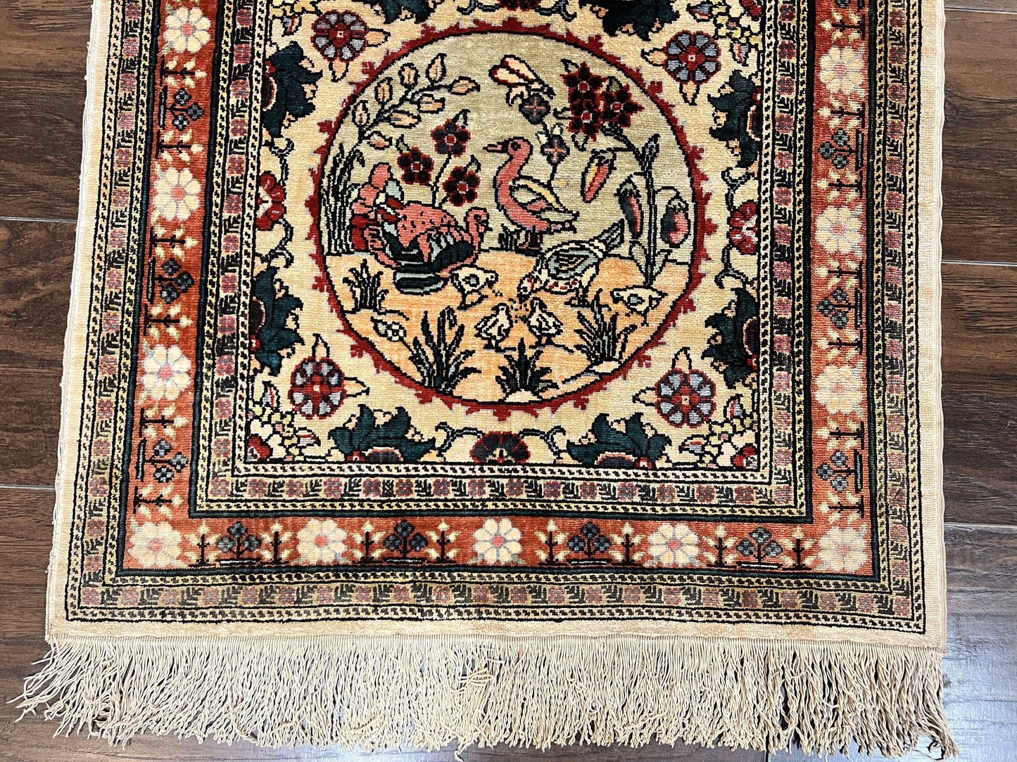 Silk Turkish Rug 2x4, Fine Handmade Oriental Rug, Animal Pictorial Birds Silk Pile on Silk Foundation Vintage Hand Knotted Hereke Carpet