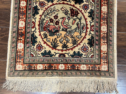 Silk Turkish Rug 2x4, Fine Handmade Oriental Rug, Animal Pictorial Birds Silk Pile on Silk Foundation Vintage Hand Knotted Hereke Carpet