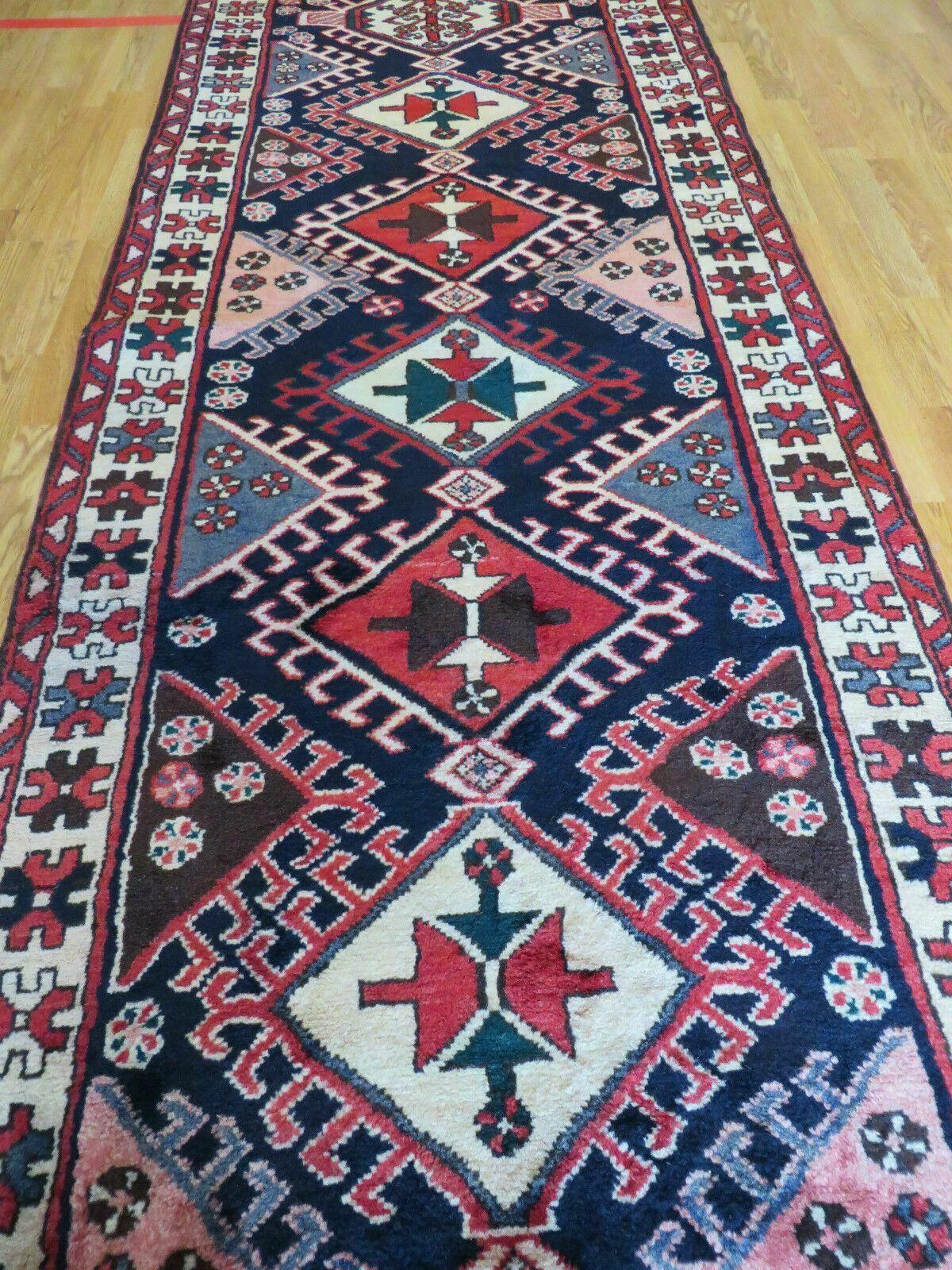 Persian Runner Rug 3.5 x 10.7, Karajeh Heriz Rug, Navy Blue, Geometric Medallions