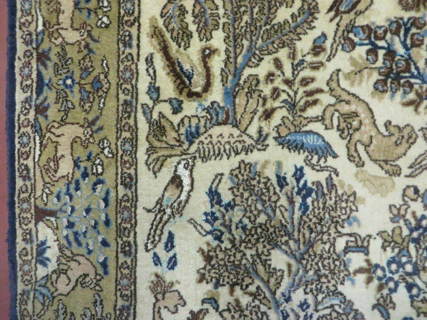 Handmade India Tree Of Life Rug Wool Silk 4x6 Oriental Pictorial Birds Deer Vintage 1960s