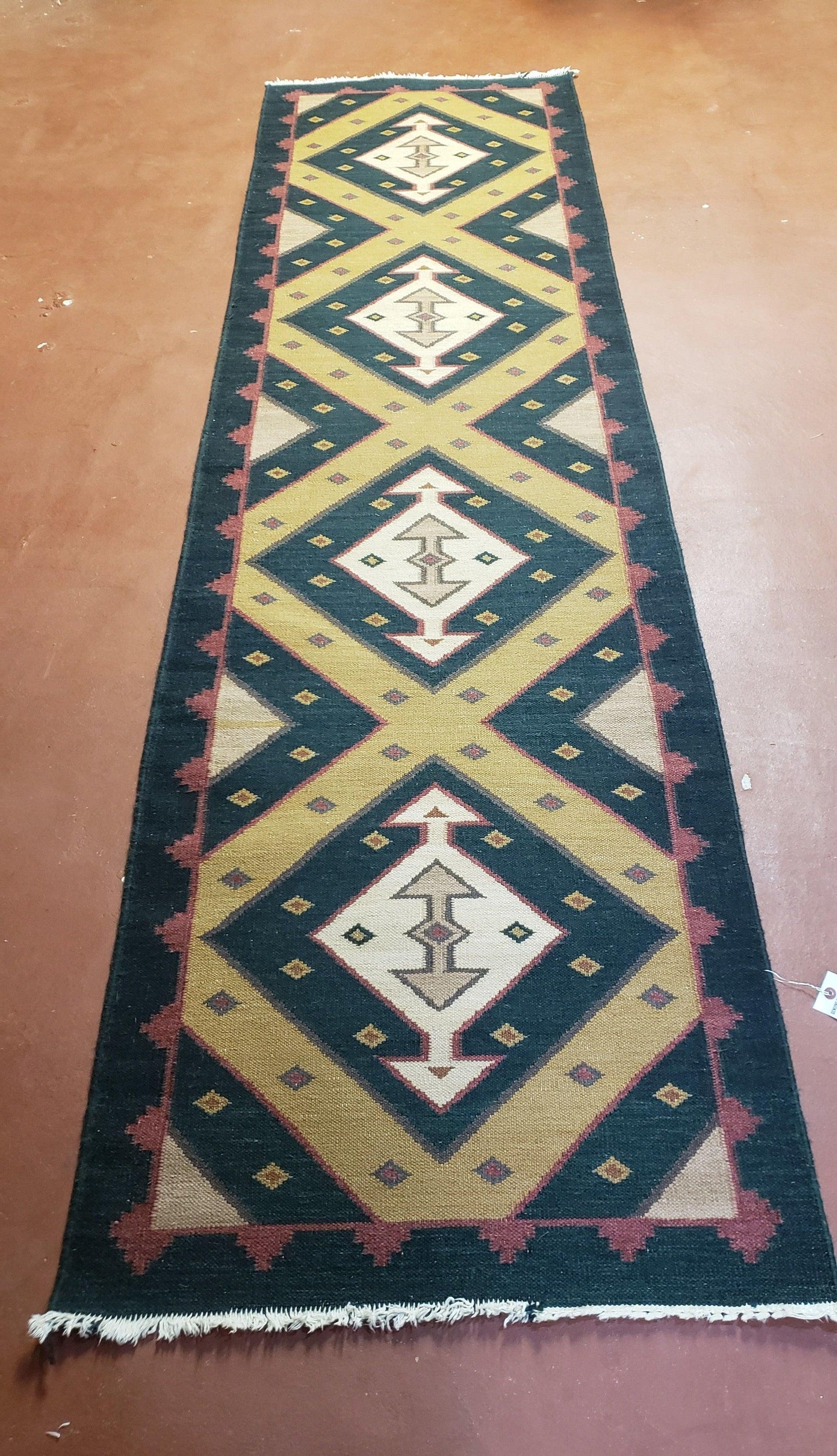 Vintage Indian Kilim Runner Rug, Geometric Flatweave Hand-Knotted Wool Kitchen Hallway Runner, Black Gold & Beige, 2' 8" x 9' 9"