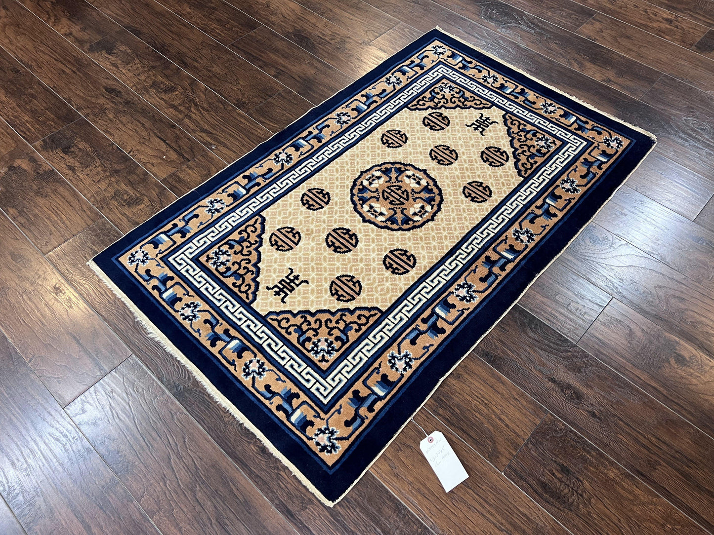 Peking Rug 3x5 Hand Knotted Wool Antique Chinese Carpet Blue Ivory Tan Vintage