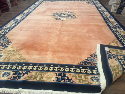 Chinese Wool Rug 11X18 Peking Style Open Field Peach and Blue Art Deco Handmade Carpet