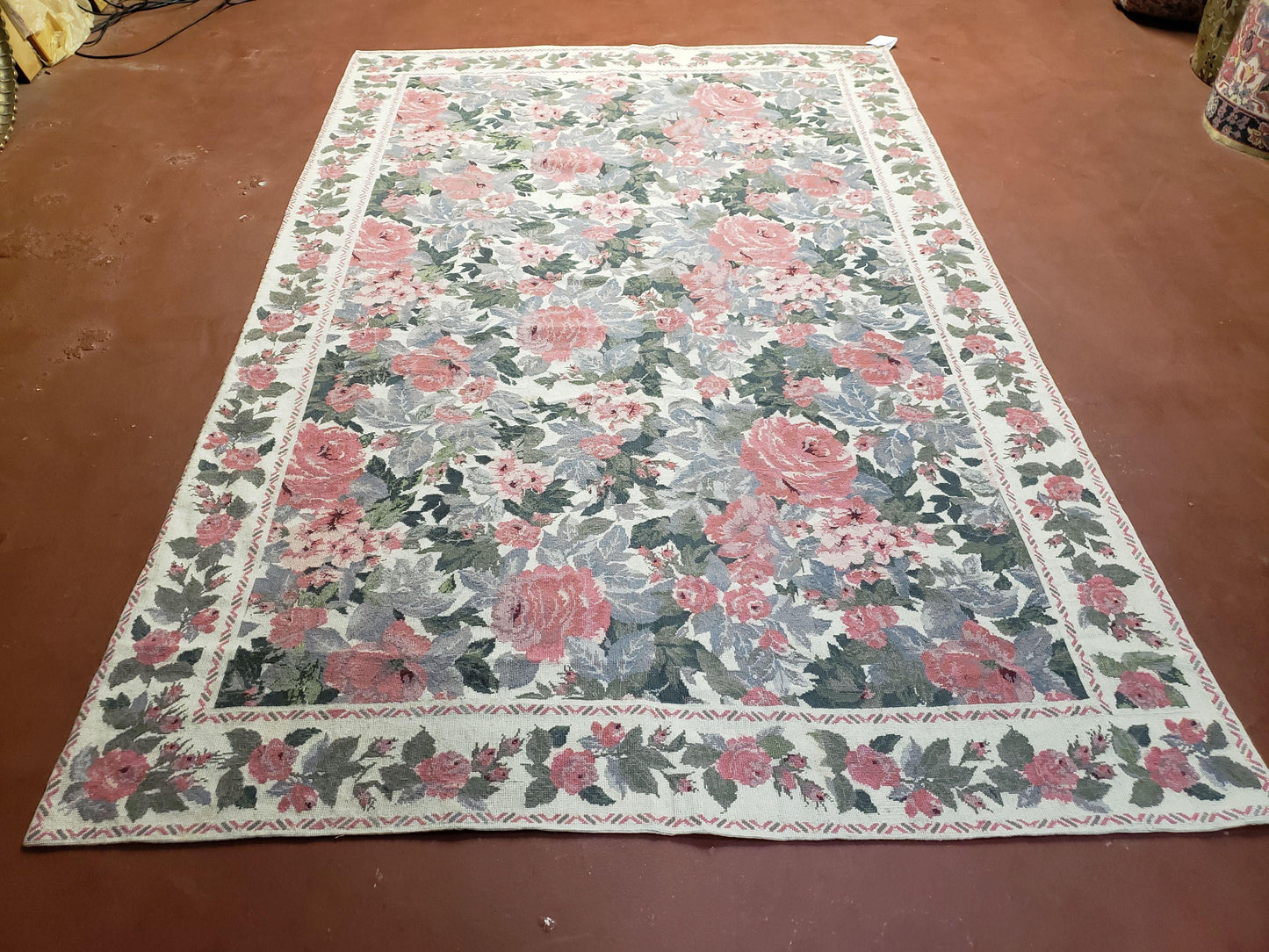 Needlepoint Rug 5 Foot 4 Inch By 8 Foot 3 Inch Wool Flat Weave Floral Ivory Pink Flowers Green Leaves
