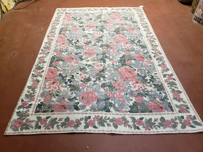 Needlepoint Rug 5 Foot 4 Inch By 8 Foot 3 Inch Wool Flat Weave Floral Ivory Pink Flowers Green Leaves
