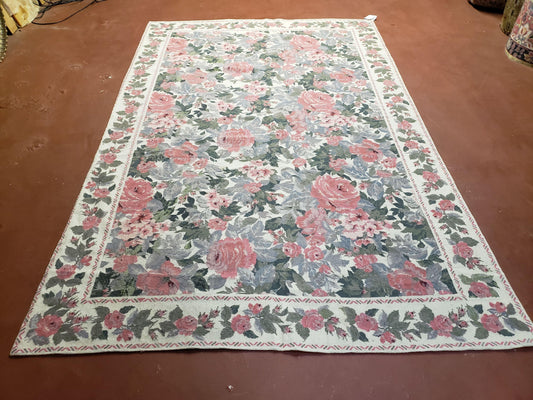 Needlepoint Rug 5 Foot 4 Inch By 8 Foot 3 Inch Wool Flat Weave Floral Ivory Pink Flowers Green Leaves