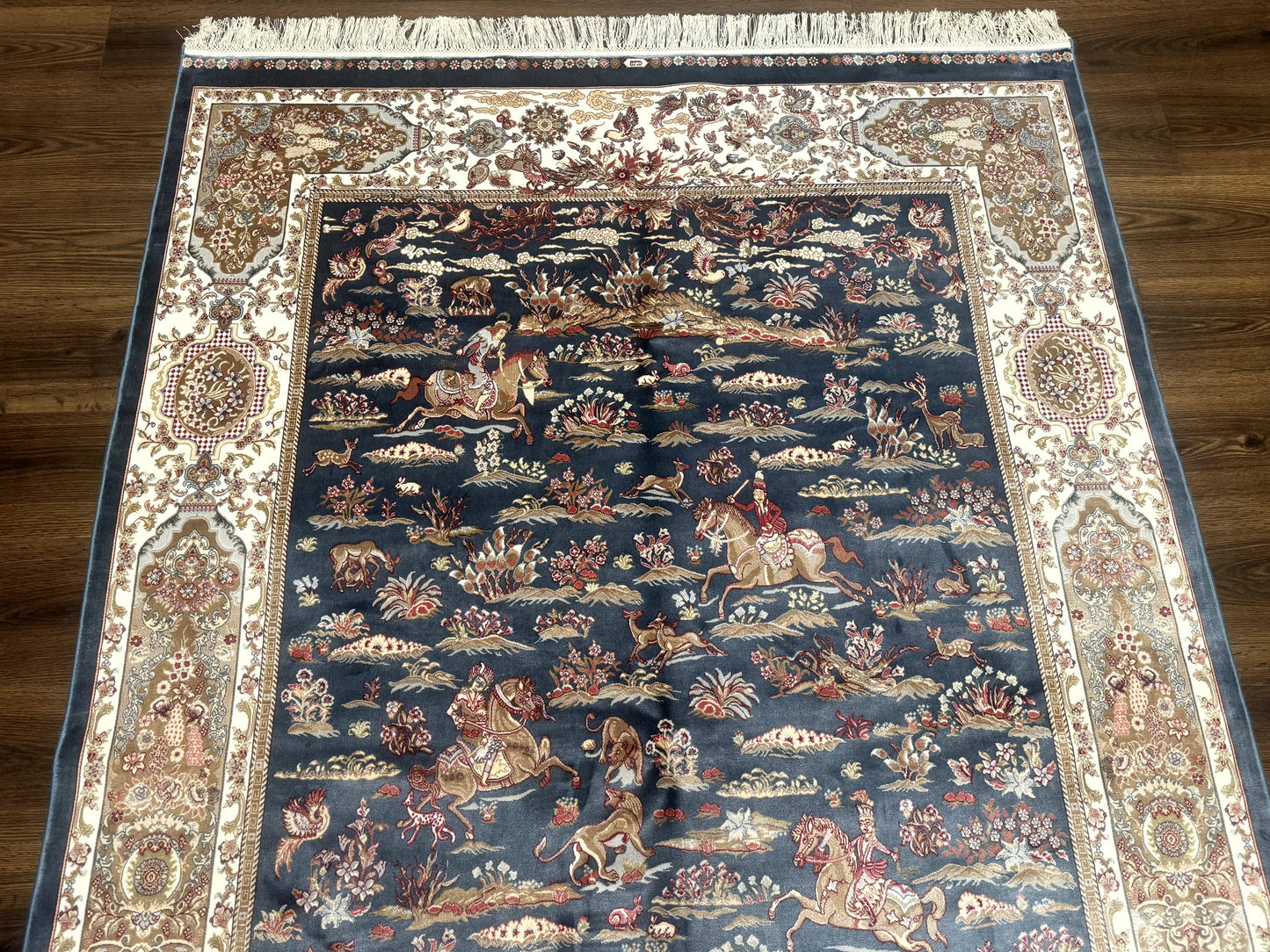 Bamboo Silk Rug Hunting Design 5x8 Steel Blue Ivory Contemporary Area Rug