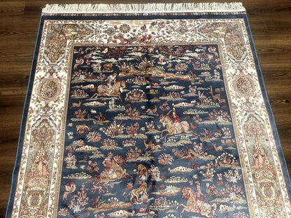 Bamboo Silk Rug Hunting Design 5x8 Steel Blue Ivory Contemporary Area Rug