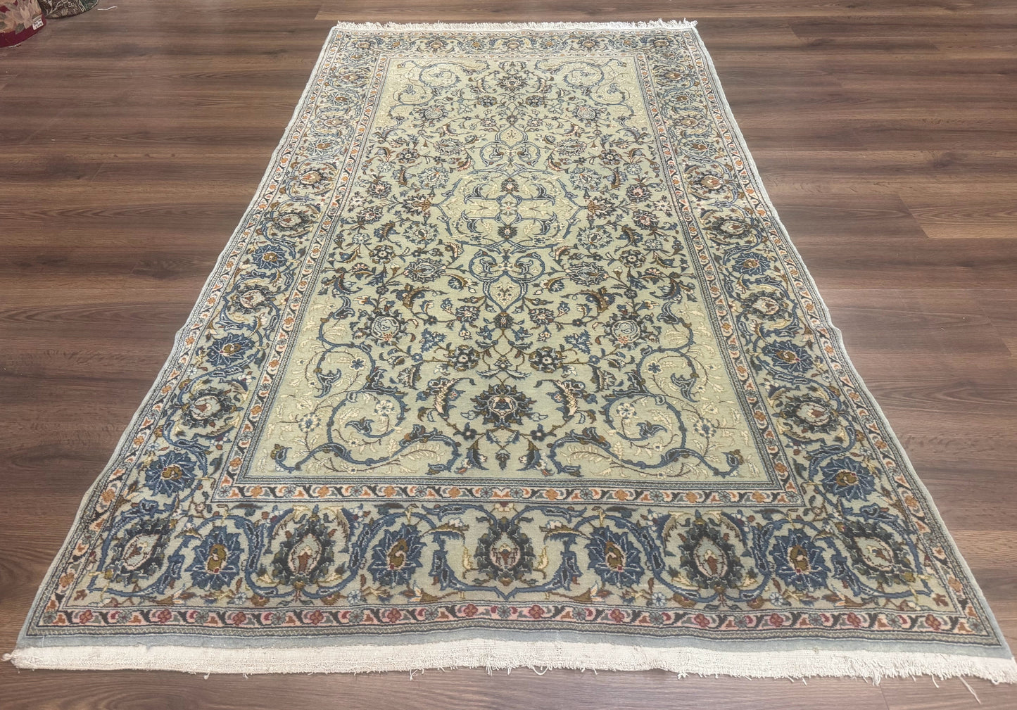 Persian Kashan Rug Vintage 225 KPSI Light Green And Light Blue Floral Medallionless Design