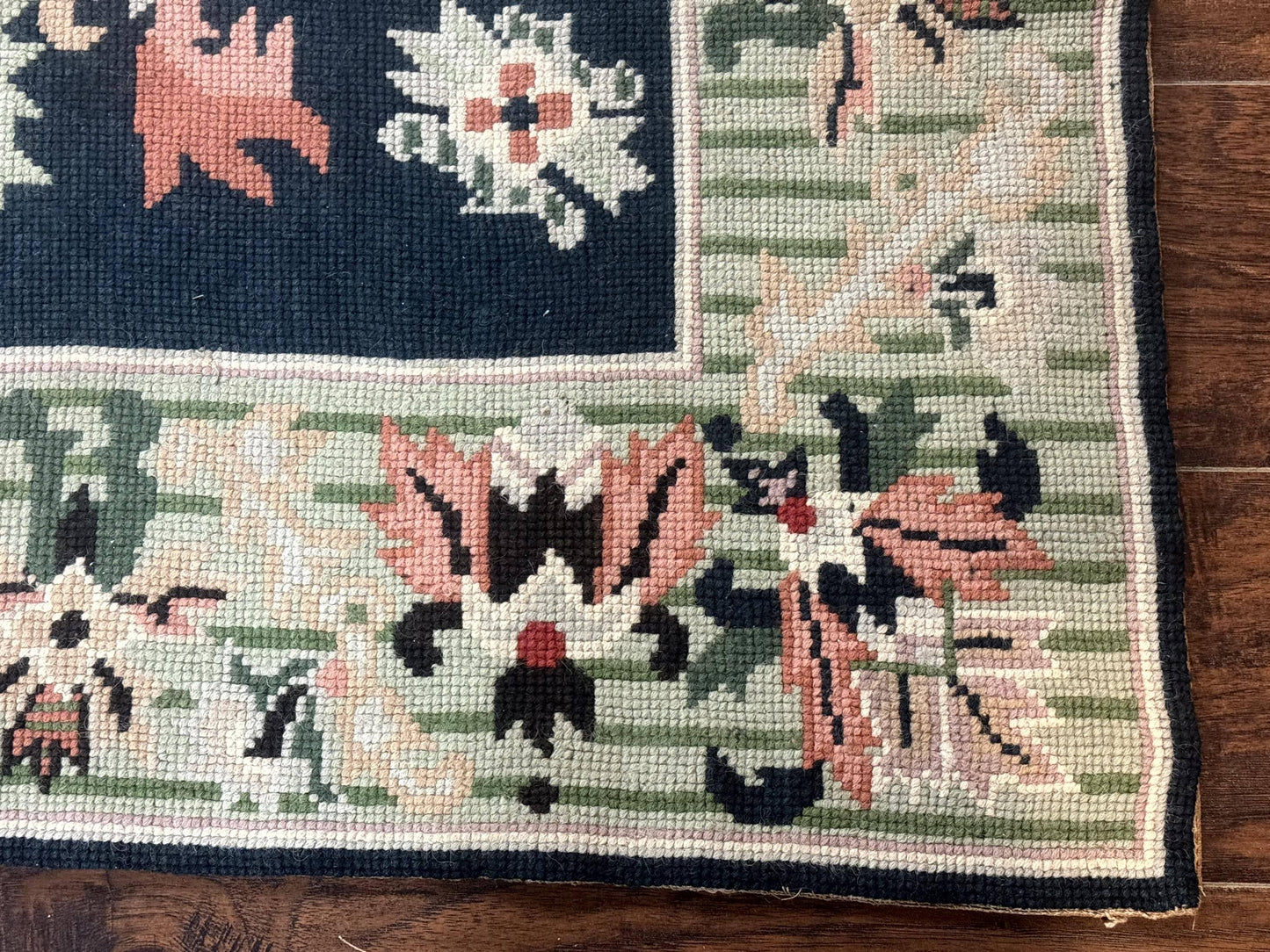 Vintage American Needlepoint Rug 4x6 Dark Green Wool Handmade Flatweave Carpet