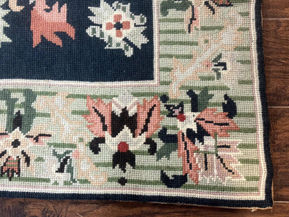 Vintage American Needlepoint Rug 4x6 Dark Green Wool Handmade Flatweave Carpet