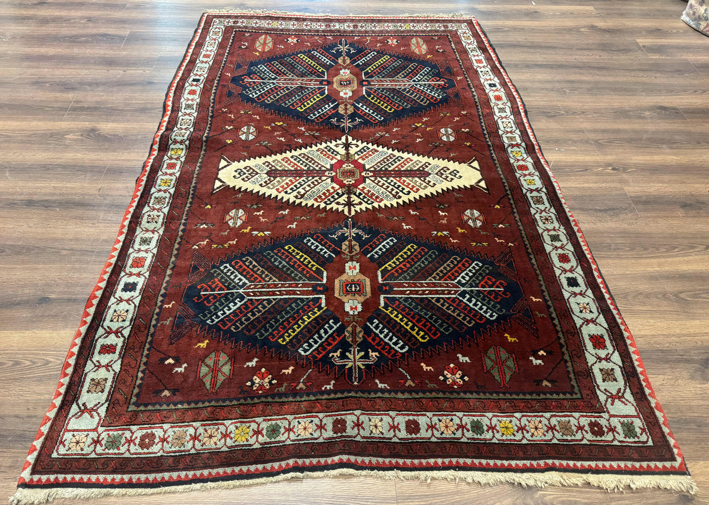 Antique Persian Tribal Rug 5 x 7.8, Triple Medallions, Red, Persian Afshar Rug