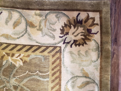 Premium Tibetan Wool Rug 8x10 Hand Knotted Green Beige Floral Area Rug