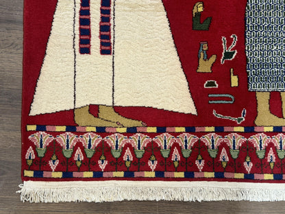 Egyptian Pictorial Rug 3x4, Hieroglyphic Pictorial Rug, Egyptian Prince and Princess, Cleopatra, Vintage Handmade, Red