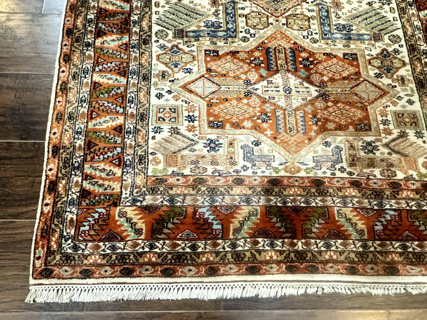 Turkish Kazak Rug 4x6 Geometric Medallions Vintage Hand Knotted Wool Carpet