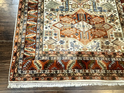 Turkish Kazak Rug 4x6 Geometric Medallions Vintage Hand Knotted Wool Carpet