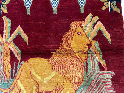 Handmade Wool Rug 3x5 Vintage Lion Pictorial Jungle Rug With Natural Dyes