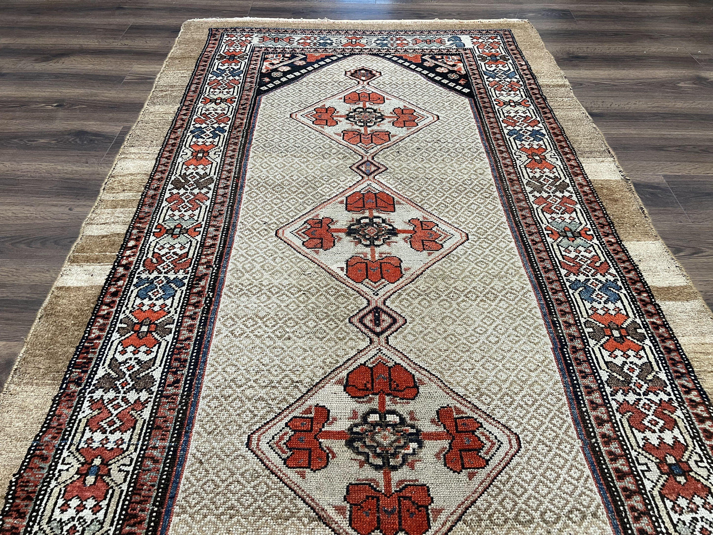 Rare Persian Sarab Tribal Runner Rug 4 By 10 Antique Geometric Medallions Camel Hair