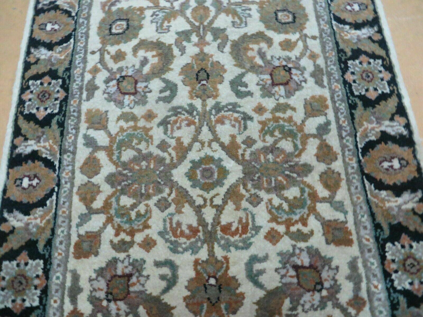 Handmade Indian Wool Rug 25x38 Floral Pattern Vintage 1980s Carpet