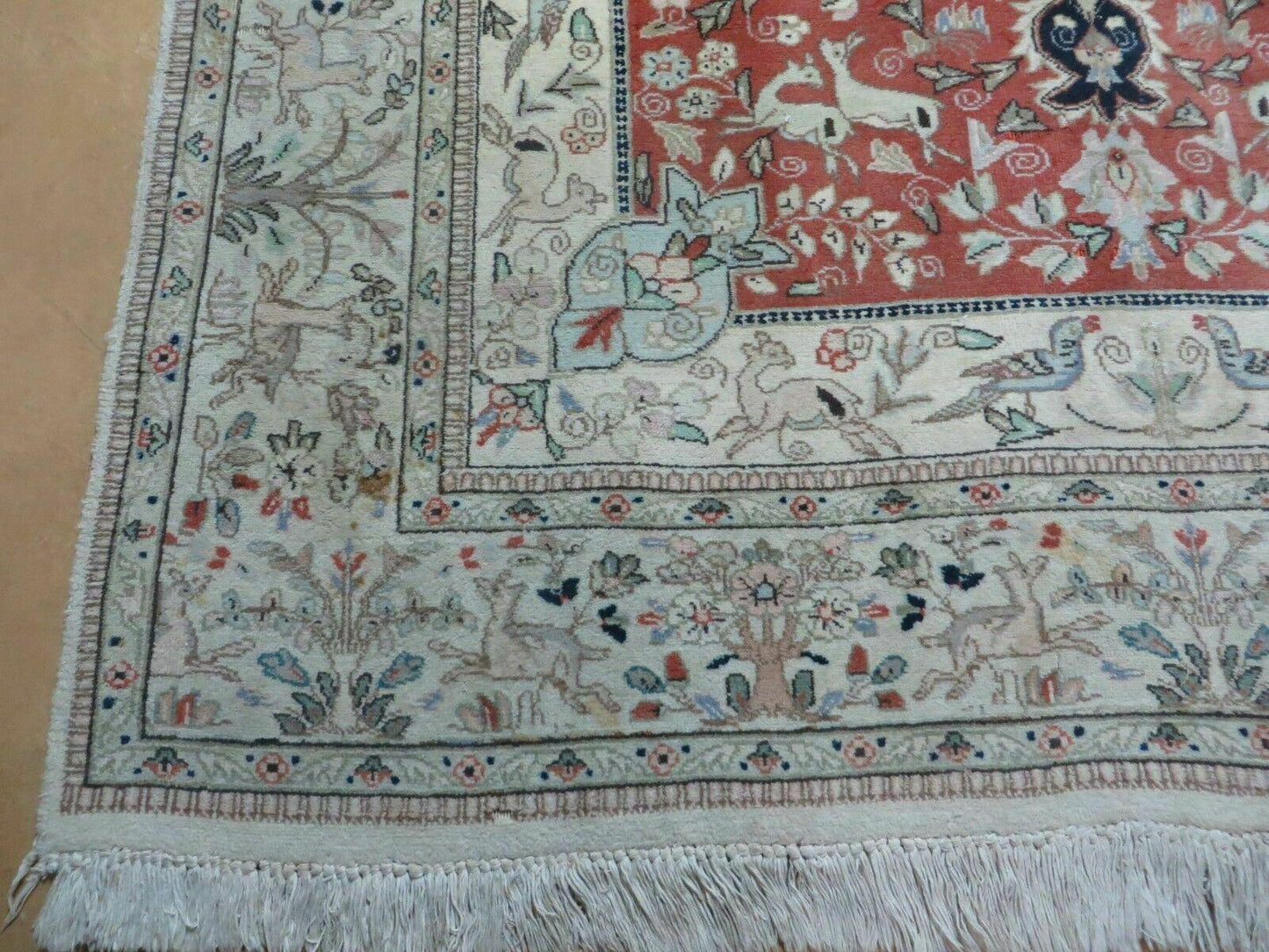 Vintage Indian Wool Rug Hunting Birds And Deer Oriental Floral Design 6 By 9